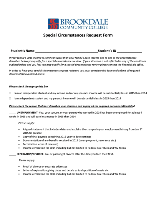 Special Circumstances Request Form Printable pdf