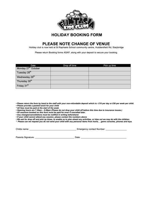 Holiday Booking Form - Funtasia Kids Club Printable pdf