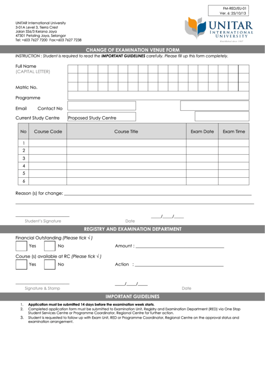 Change Of Examination Venue Form Printable pdf