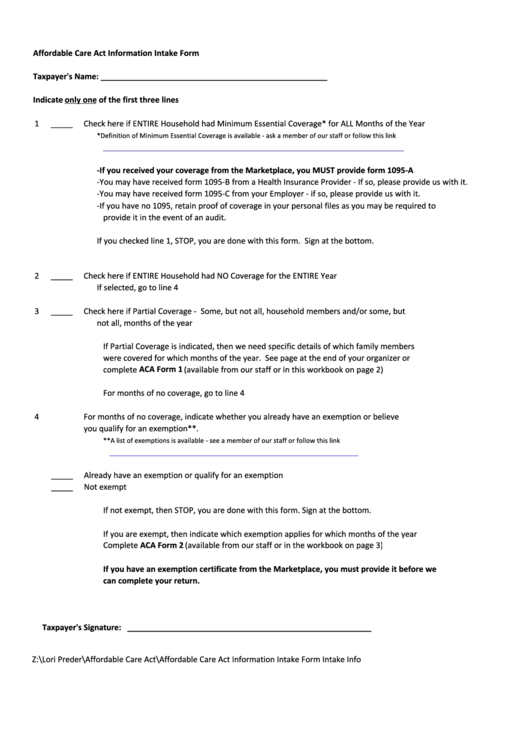 Affordable Care Act Information Intake Form Lucas Accounting Printable pdf