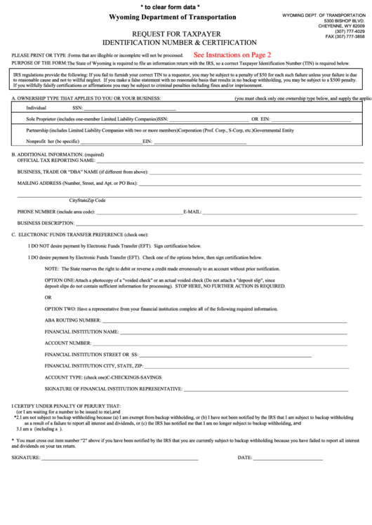 Fillable Form Wolfs-109 - Request For Taxpayer Identification Number & Certification Printable pdf