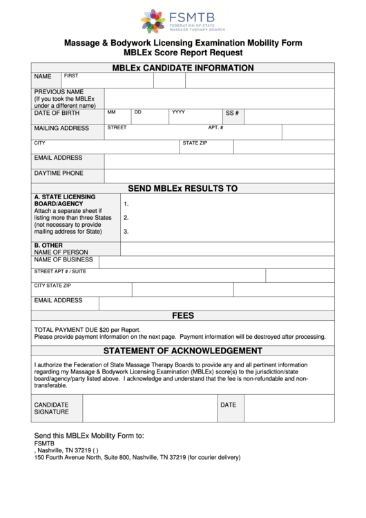 Massage & Bodywork Licensing Examination Mobility Form Mblex Score Report Request Printable pdf