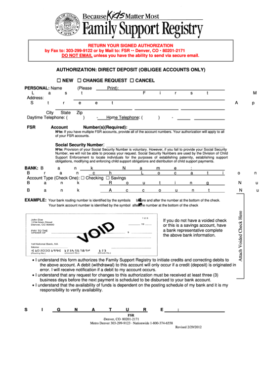 Authorization: Direct Deposit (Obligee Accounts Only) Printable pdf