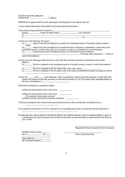Fillable Affidavit Form - State Of South Carolina Printable pdf