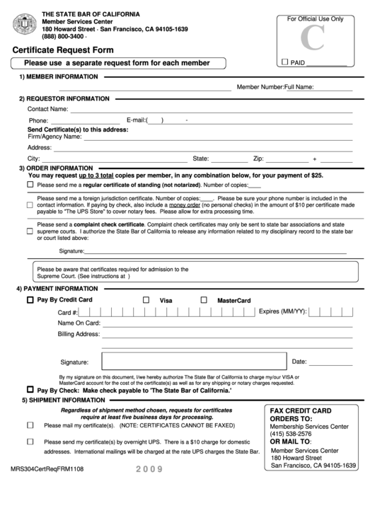 Certificate Request Form Printable pdf