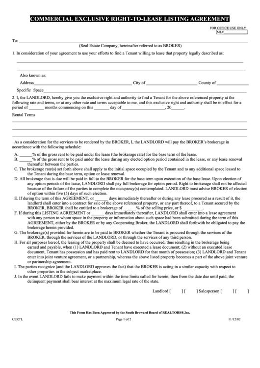 Commercial Exclusive Right To Lease Listing Agreement Printable pdf