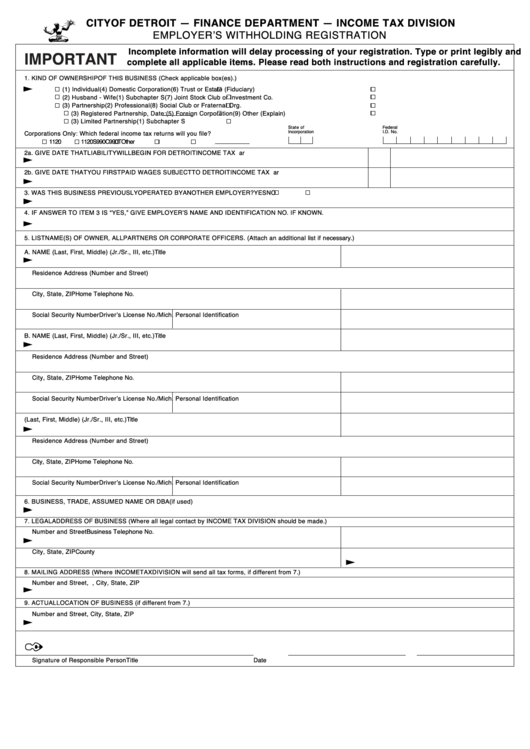 Employers Withholding Registration Form Printable pdf