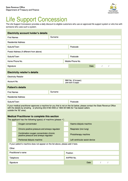 Life Support Concession Application Form State Revenue Office Printable pdf