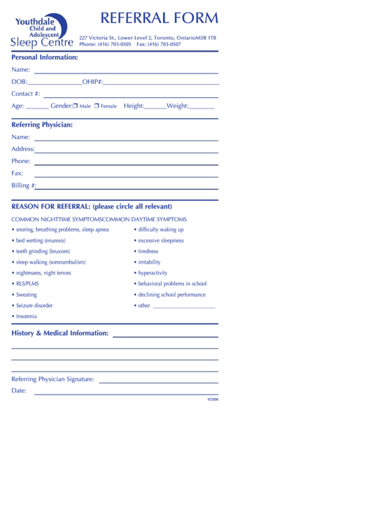 J6166 Ycasc Referral Form - Toronto Sleep Clinics Ontario Sleep Printable pdf