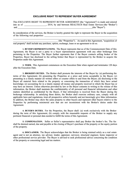 Exclusive Right To Represent Buyer Agreement Printable pdf