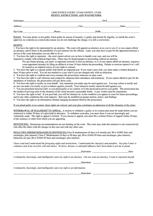 Rights Instructions And Waiver Form - Lehi Justice Court - Utah Printable pdf