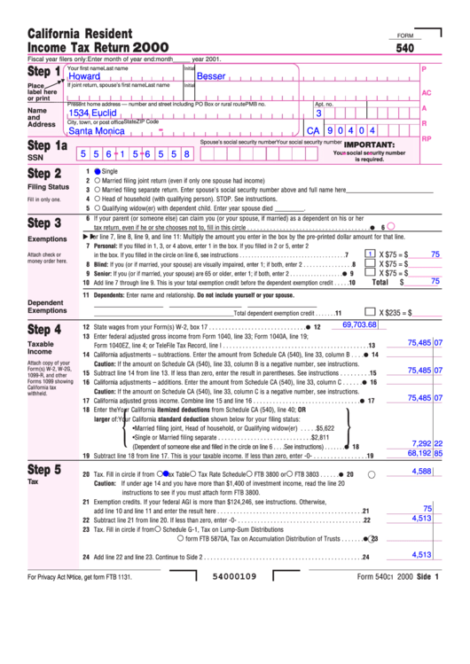 Fillable Form 540 - California Resident Income Tax Return - 2000 Printable pdf