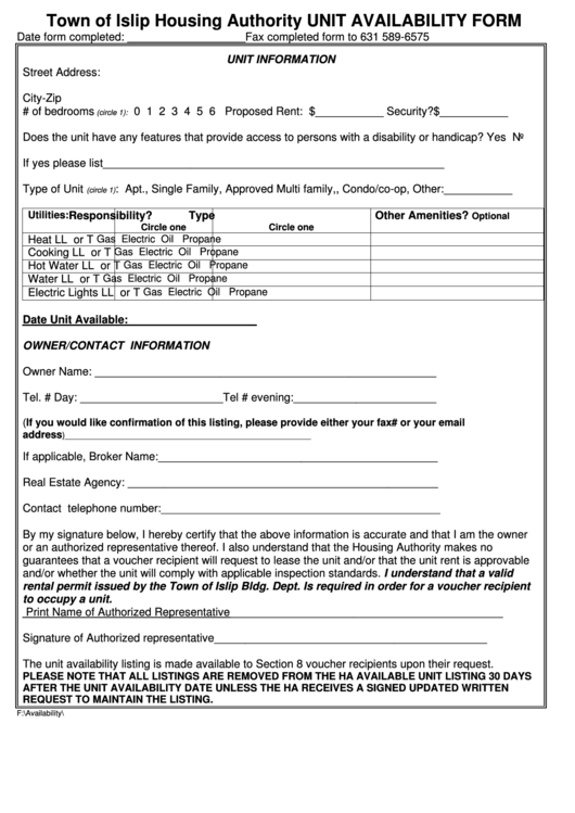 Unit Availability Form - The Town Of Islip Housing Authority