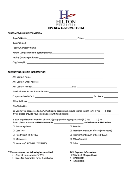 Hpc New Customer Form Printable pdf