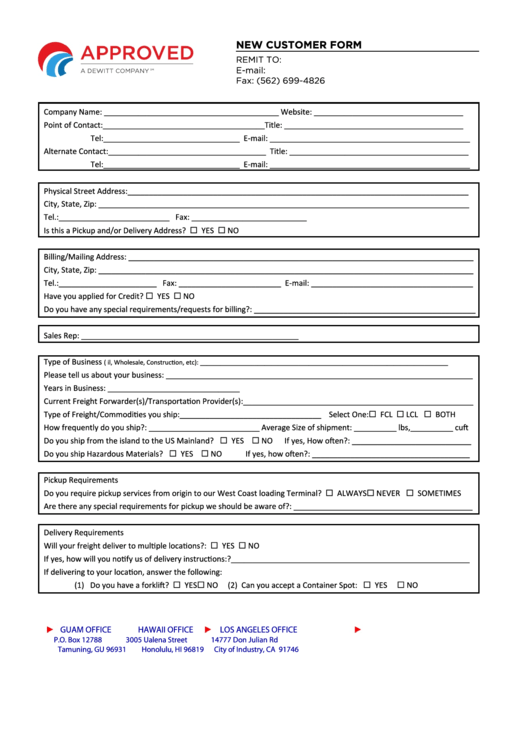Fillable New Customer Form Approved Printable pdf