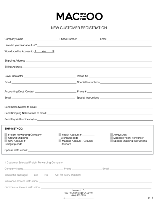 Fillable New Customer Registration - Maceoo Printable pdf