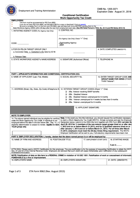 Eta Form 9062 (rev. August 2015) - Conditional Certification Work Opportunity Tax Credit