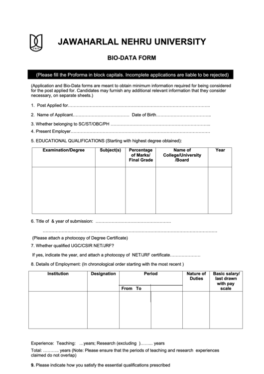 Biodata Form For Ra - Jawaharlal Nehru University Printable pdf