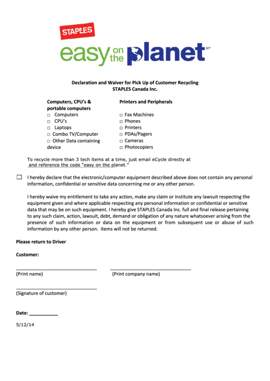 Recycling Waiver Form Printable pdf