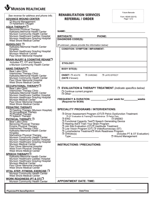 Rehabilitation Services Referral Munson Healthcare Printable pdf