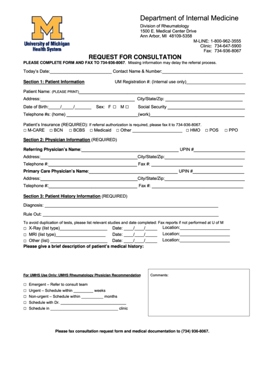 Request For Consultation University Of Michigan Health System Printable pdf