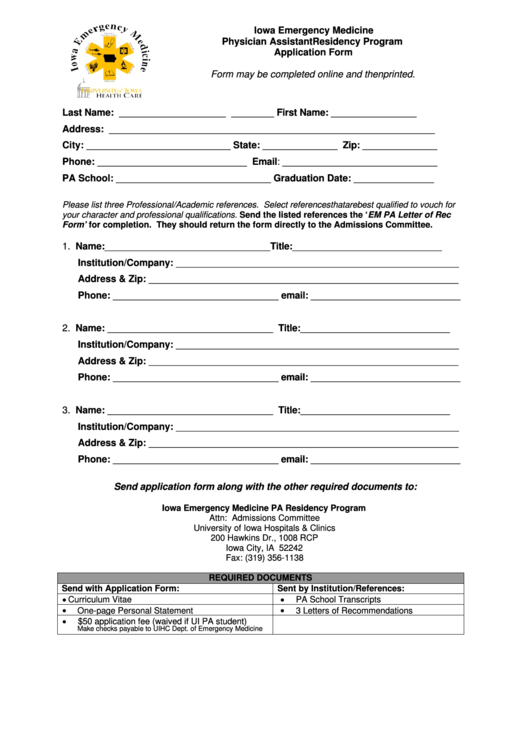 Physician Assistant Residency Program Application Form Printable pdf