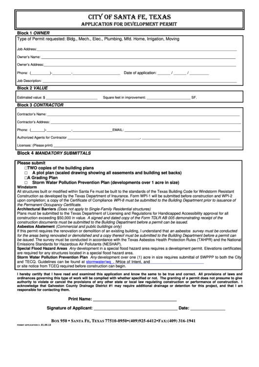 City Of Santa Fe Application For Development Permit - Texas Printable pdf