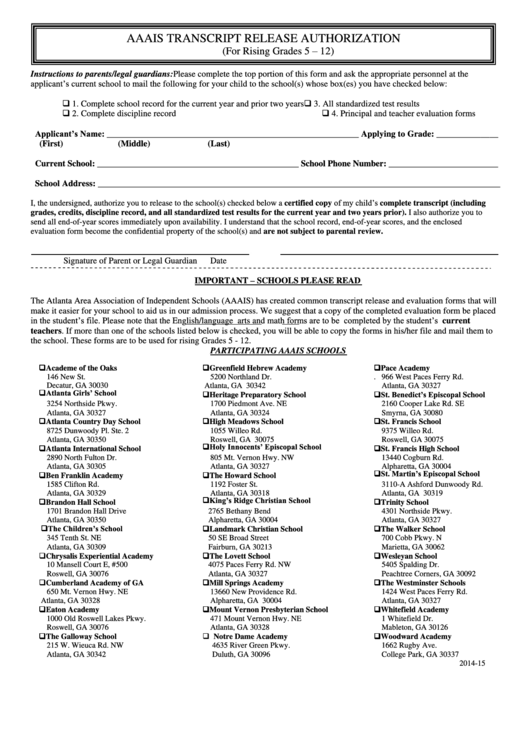 Transcript Release Authorization (For Rising Grades 5 - 12) Form Printable pdf