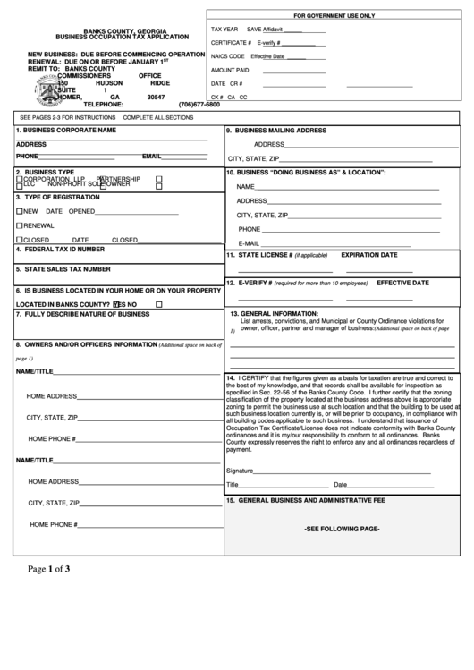 Occupational Tax Application - Banks County Printable pdf