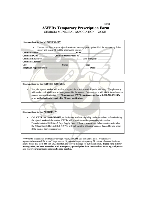 Awprx Temporary Prescription Form - Calhoun City Schools Printable pdf
