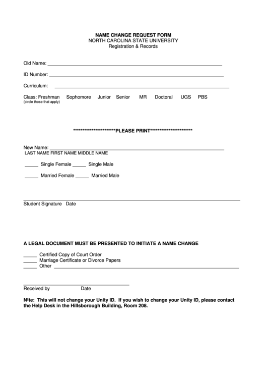Name Change Request Form North Carolina State University Printable pdf