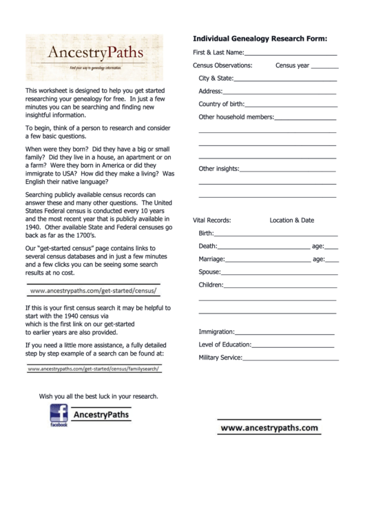 Individual Genealogy Research Form Printable pdf