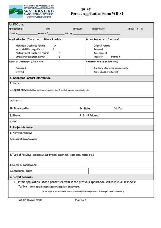 Fillable Wr-82 - Permit Application Form Printable pdf