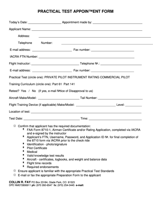 Practical Test Appointment Form Printable pdf