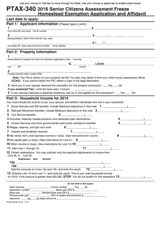 Fillable Form Ptax-340 - Senior Citizens Assessment Freezehomestead Exemption Application And Affidavit - 2016 Printable pdf