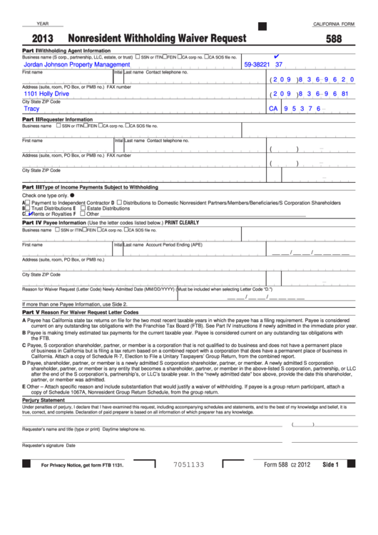 California Form 588 - Nonresident Withholding Waiver Request - 2013 Printable pdf