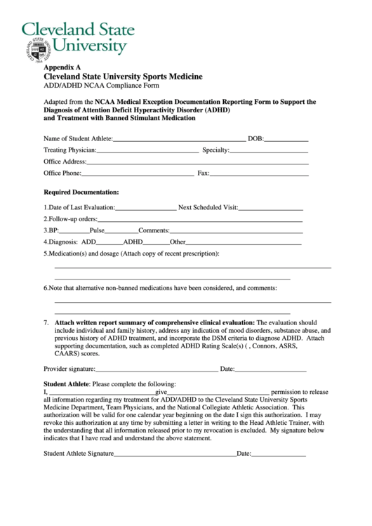 Appendix A Cleveland State University Sports Medicine Printable pdf