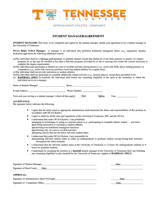 Fillable Student Manager Agreement Printable pdf