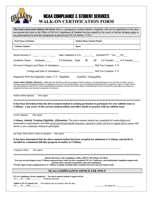 Walk-On Certification Form Printable pdf