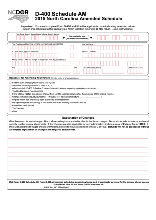 Form D-400 - Schedule Am - North Carolina Amended Schedule - 2015 Printable pdf