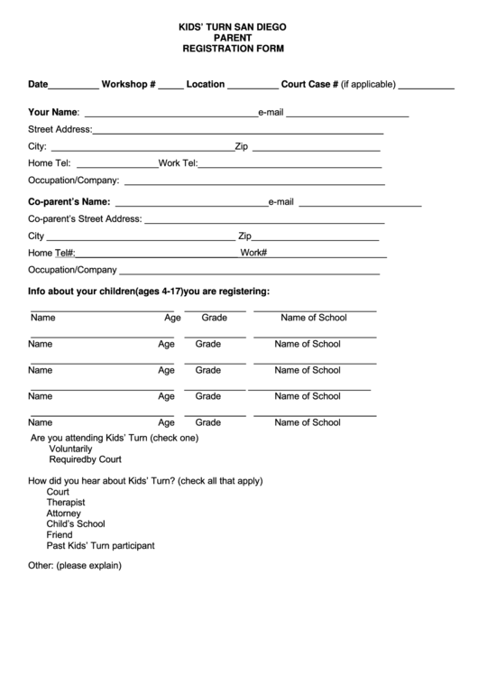 Fillable Parent Registration Form Printable pdf