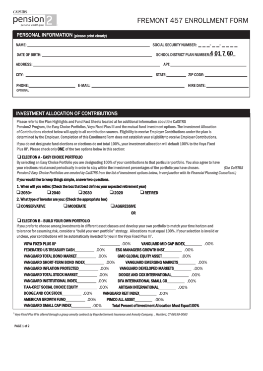 Fremont 457 Enrollment Form Printable pdf