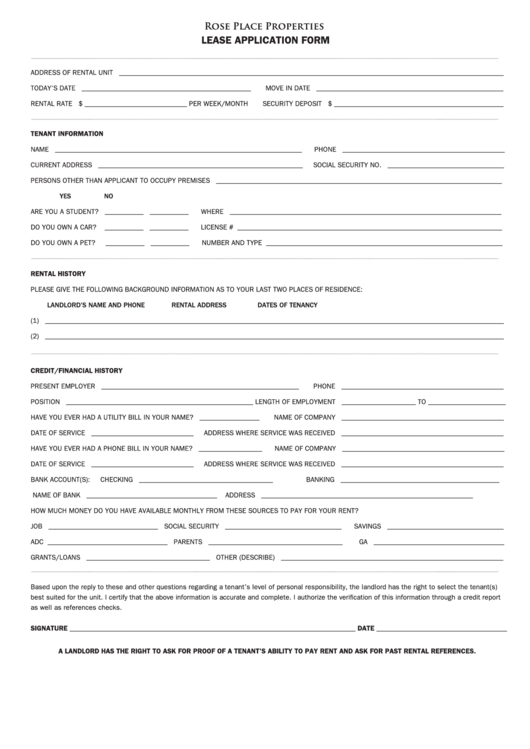 Lease Application Form Printable pdf