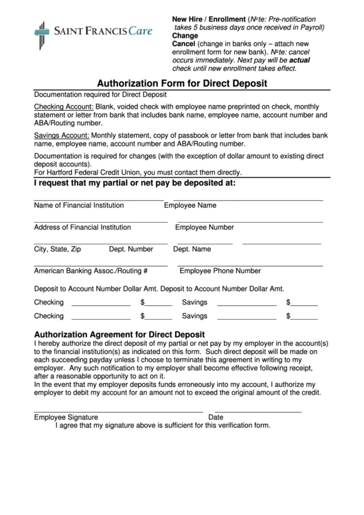 Fillable Authorization Form For Direct Deposit Printable pdf