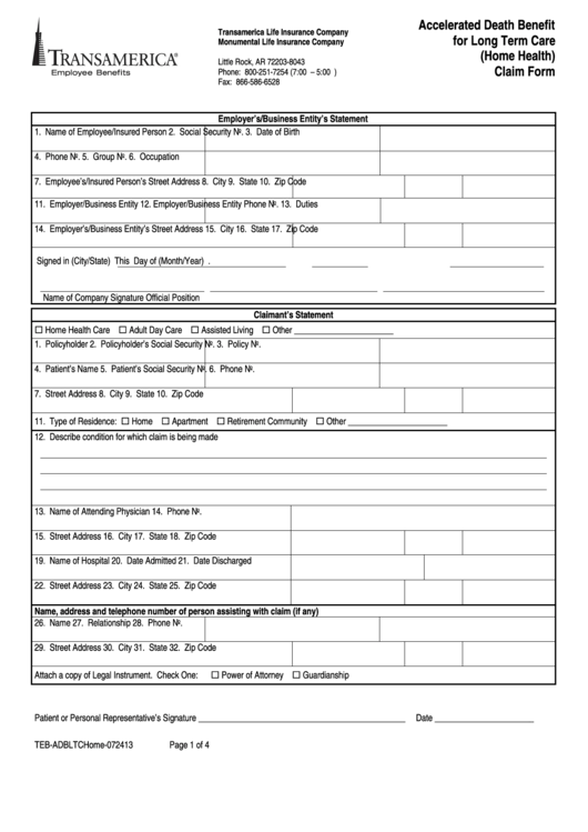 Form Teb-Adbltchome-072413 - Accelerated Death Benefit For Long Term Care Claim Form Printable pdf