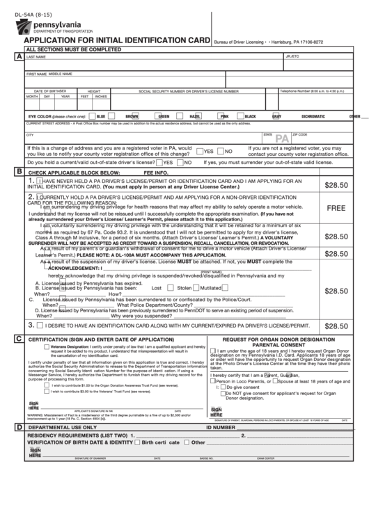 Form Dl-54a - Application For Initial Identification Card Printable pdf