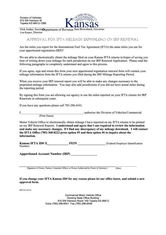 Fillable Approval For Ifta Mileage Download On Irp Renewal Form Printable pdf