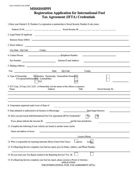 Form 74-026-001-01 - Registration Application For International Fuel Tax Agreement (Ifta) Credentials - 2001 Printable pdf