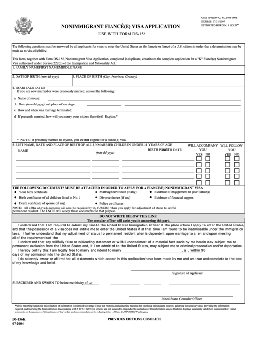 Fillable Form Ds-156k - Nonimmigrant Fiance(E) Visa Application Printable pdf