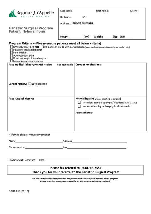 Bariatric Surgical Program Patient Referral Form Printable pdf